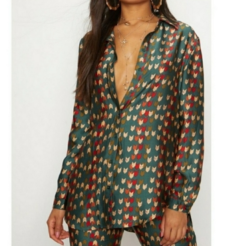 PLT Green Red Chevron Arrowhead Button Down Blouse